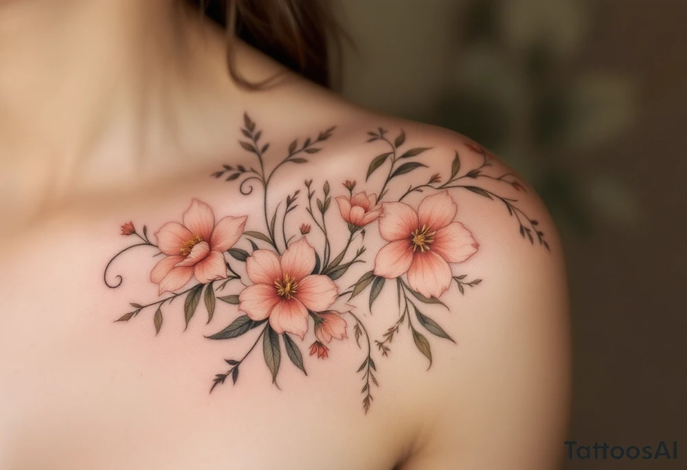 Alfons Mucha’s floral fairy in soft beige and blush tones, with ornamental frames in antique brass and muted coral. tattoo idea