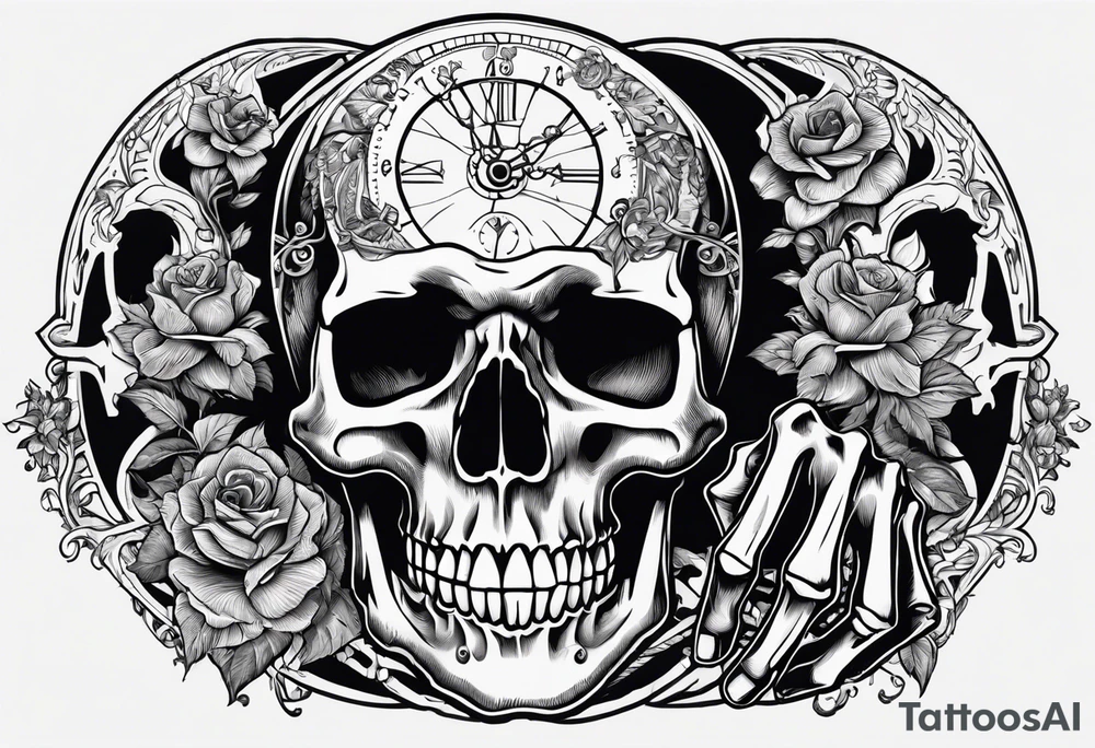 A skeleton hand interacting with a skull, either holding it or placed beside it, is a classic representation of mortality and the passage of time. tattoo idea