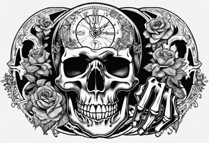 A skeleton hand interacting with a skull, either holding it or placed beside it, is a classic representation of mortality and the passage of time. tattoo idea