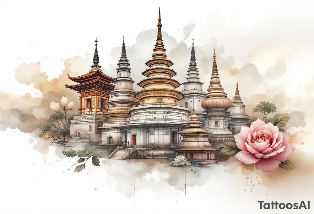 Stupas or Pagodas – Sacred Buddhist monuments with layered towers, typically done in detailed black ink or traditional brown stone tones. tattoo idea