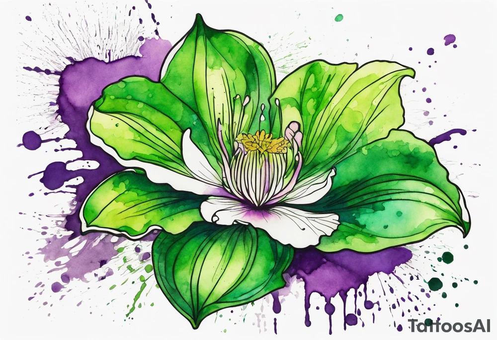 An outline of a green rio dipladenia flower and a green/purple watercolor splash in the background tattoo idea