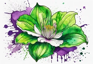 An outline of a green rio dipladenia flower and a green/purple watercolor splash in the background tattoo idea