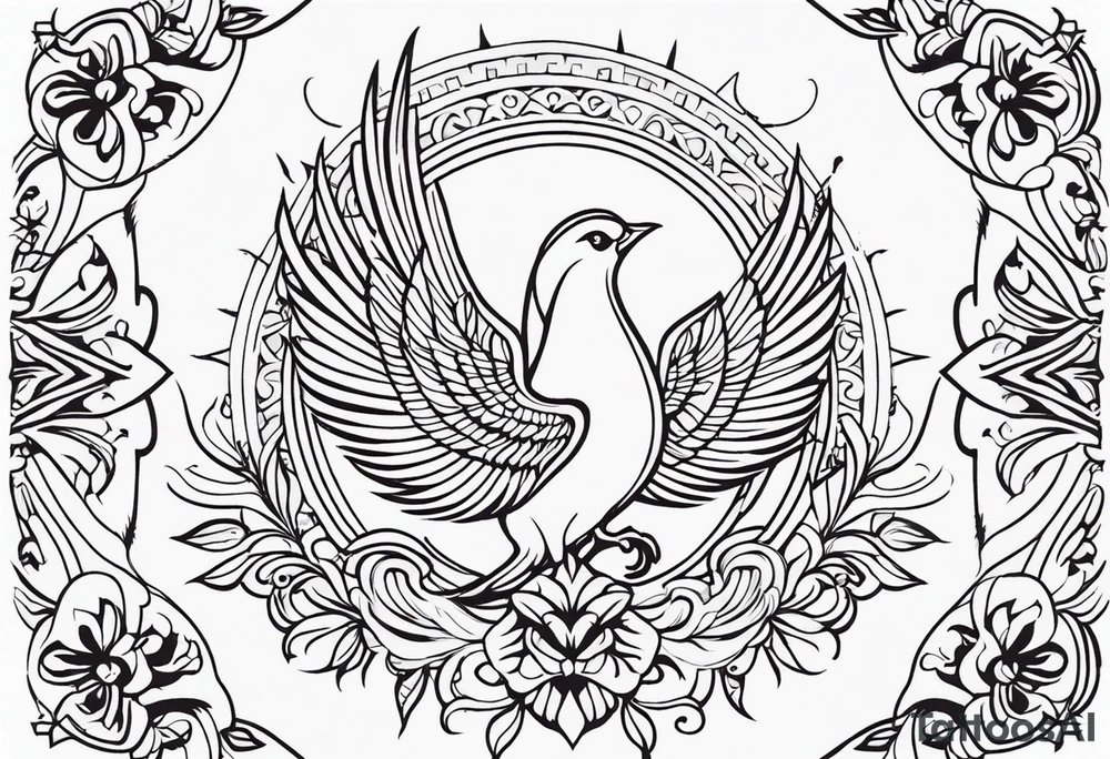Tribal bohemian feminine impowering Phoenix rising with smoke, mandala sun, floral, lace background tattoo idea