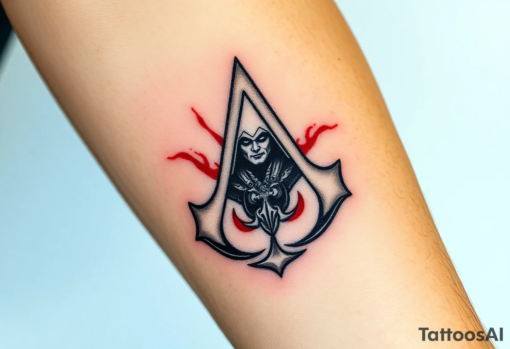 Assassins Creed emblem with Ezio character,. Weapons with blood splashes incorporated into logo. tattoo idea