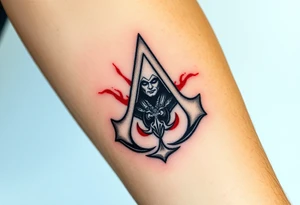 Assassins Creed emblem with Ezio character,. Weapons with blood splashes incorporated into logo. tattoo idea