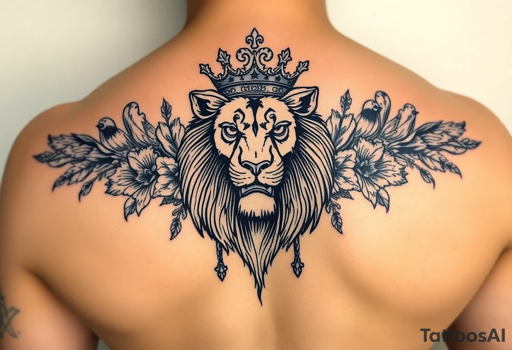 powerful majestic lion with a crown, surrounded by floral ornaments and birds tattoo idea