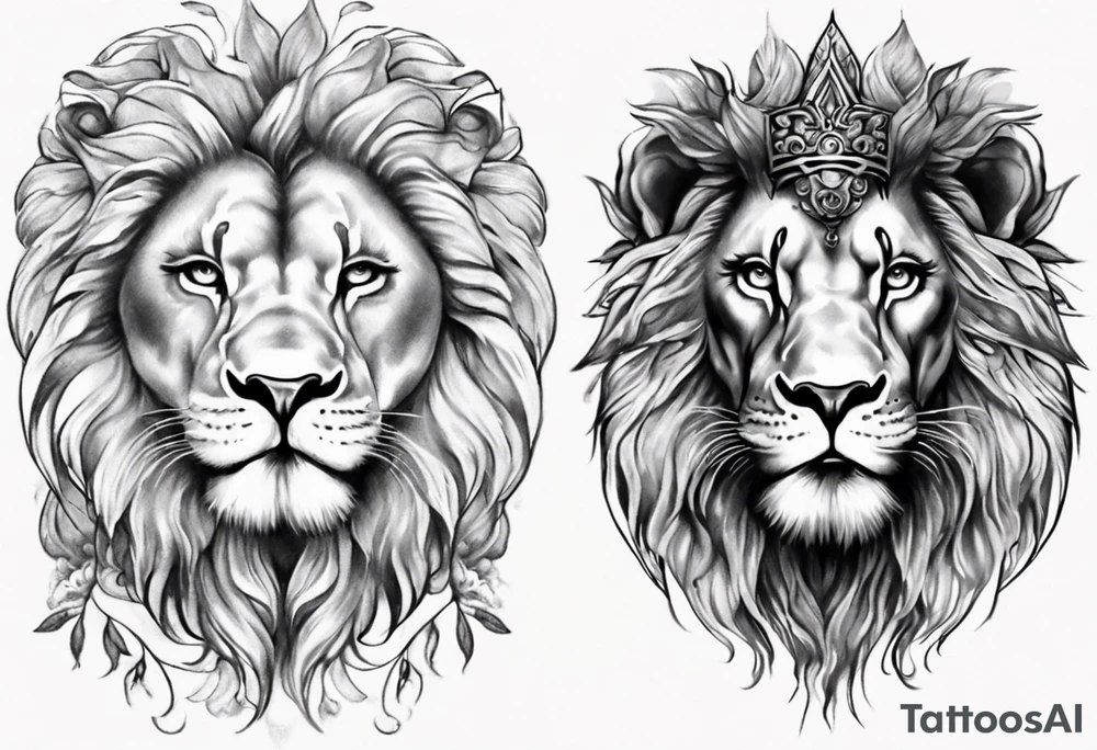 One Face , left part of it Lion right part of it godess tattoo idea