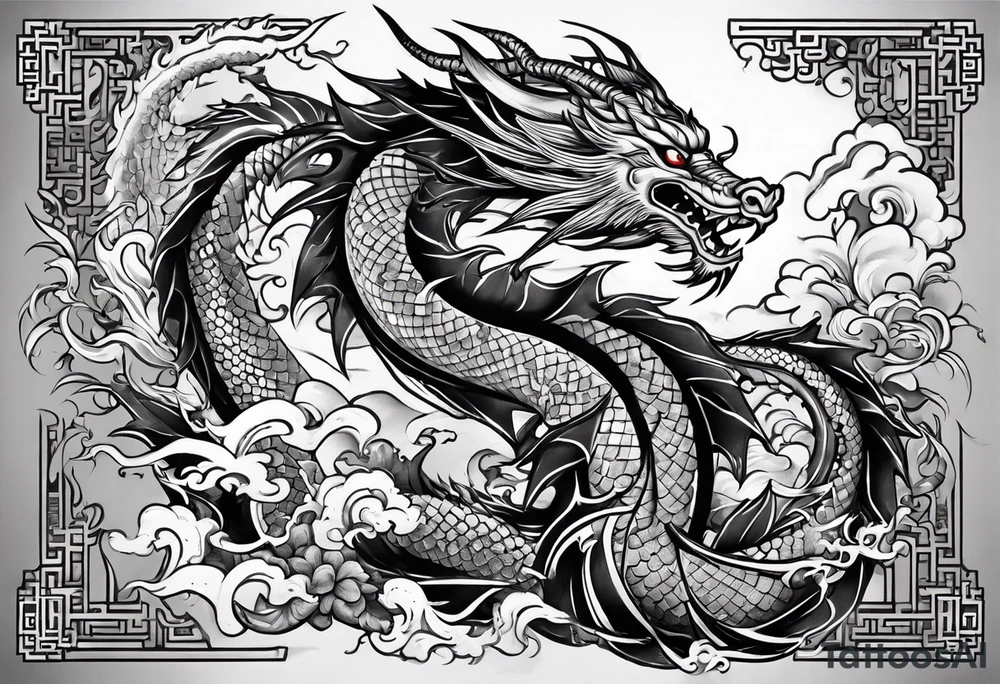 give me an asian gangster style tattoo with a dragon, on the back and mix it in with a greek style arm sleeve with achilles the greek god tattoo idea