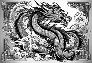 give me an asian gangster style tattoo with a dragon, on the back and mix it in with a greek style arm sleeve with achilles the greek god tattoo idea