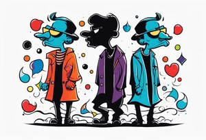 2 black shadows of people standing over 2 dead siloets tattoo idea
