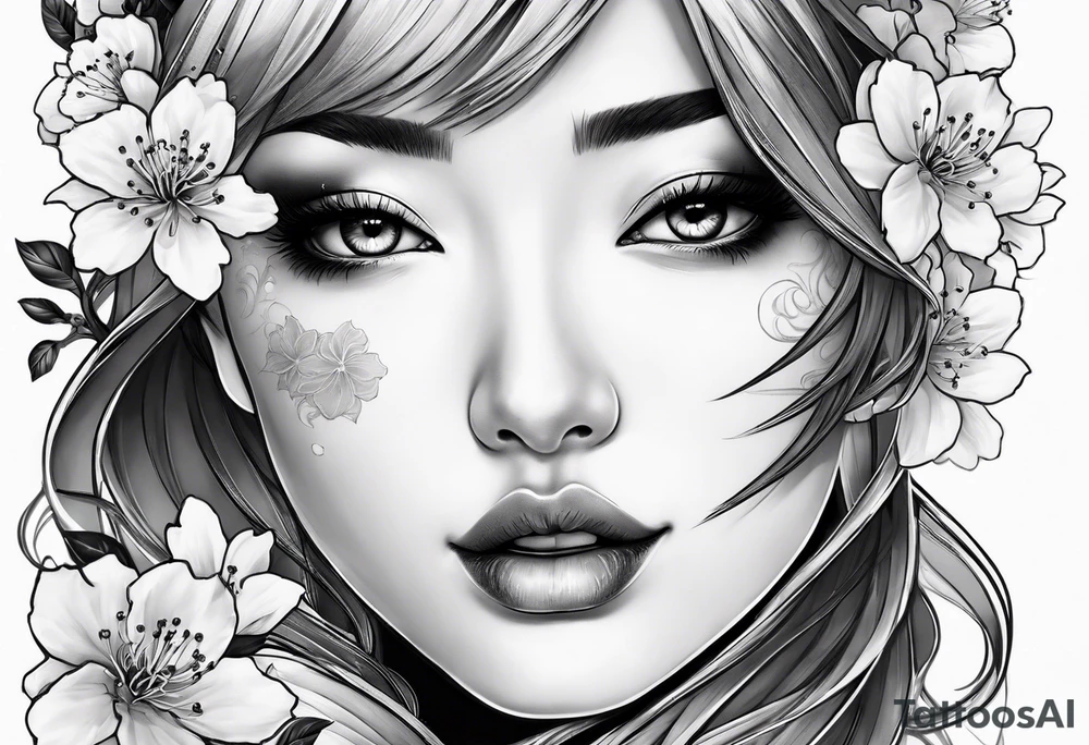 Two face girl with cherry blossoms tattoo idea