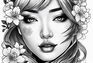 Two face girl with cherry blossoms tattoo idea