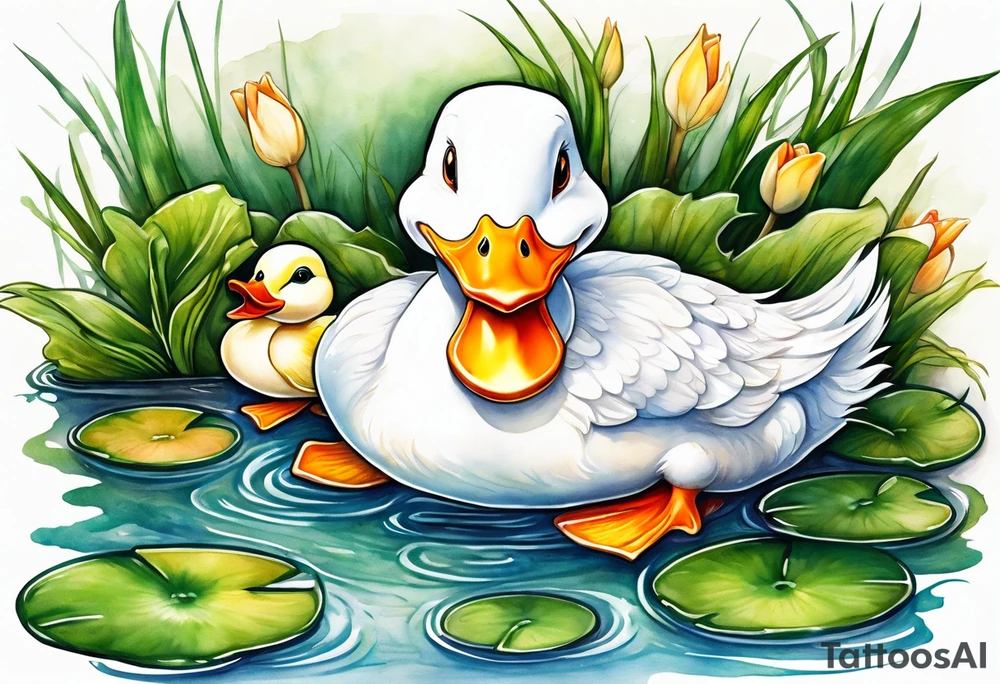 A white Duck with orange feet and a green toad playing together in a pond tattoo idea