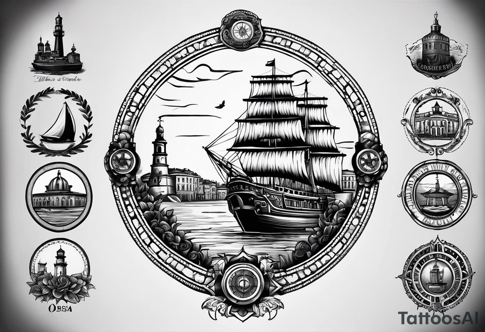This tattoo depicts the city of Odesa. The main symbols of this city are a ship's wheel, a lighthouse, the Potemkin Stairs, the sea, the Opera House, and the cozy small streets. tattoo idea