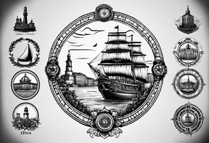 This tattoo depicts the city of Odesa. The main symbols of this city are a ship's wheel, a lighthouse, the Potemkin Stairs, the sea, the Opera House, and the cozy small streets. tattoo idea