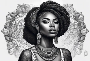 mulher iemanjá africana em preto e cinza com conchas marinhas, fundo da imagem com tons de azul tattoo idea
