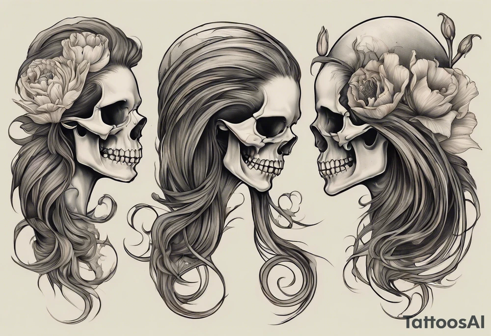 A profile view of a smiling female skull adorned with flowing, long hair, surrounded by symbolism representing the cycle of life and decay. Include a contrast between a fully decayed tulip, a pristine and vibrant tulip in full bloom, and a delicate tulip bud, all harmonizing with the eerie yet beautiful ambiance of the scene. tattoo idea