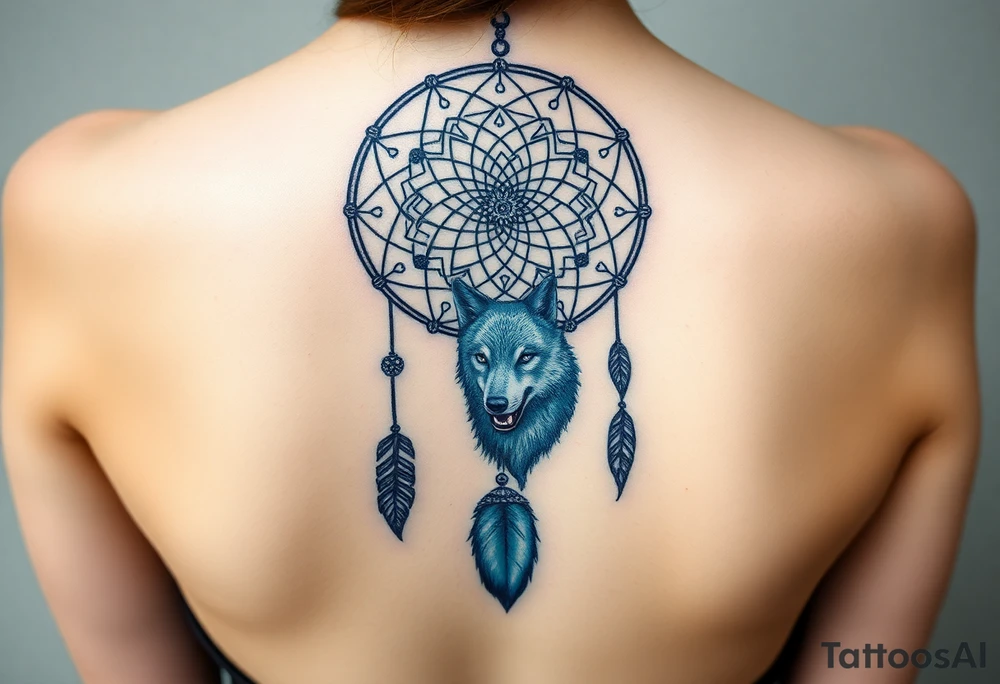 Dreamcatcher with zodiac symbols and protection runes caught in it with wolf teal tattoo idea