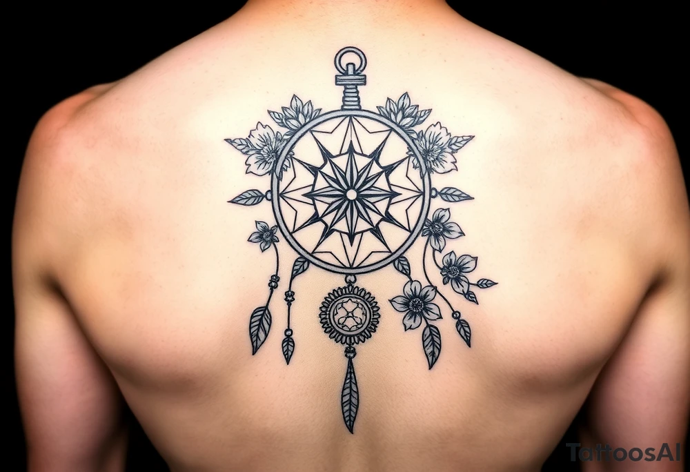 Boho dream catcher with compass and anchor Beautiful flowers and an ornamental chandelier like look tattoo idea