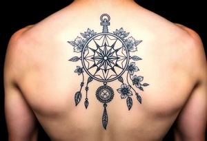 Boho dream catcher with compass and anchor Beautiful flowers and an ornamental chandelier like look tattoo idea
