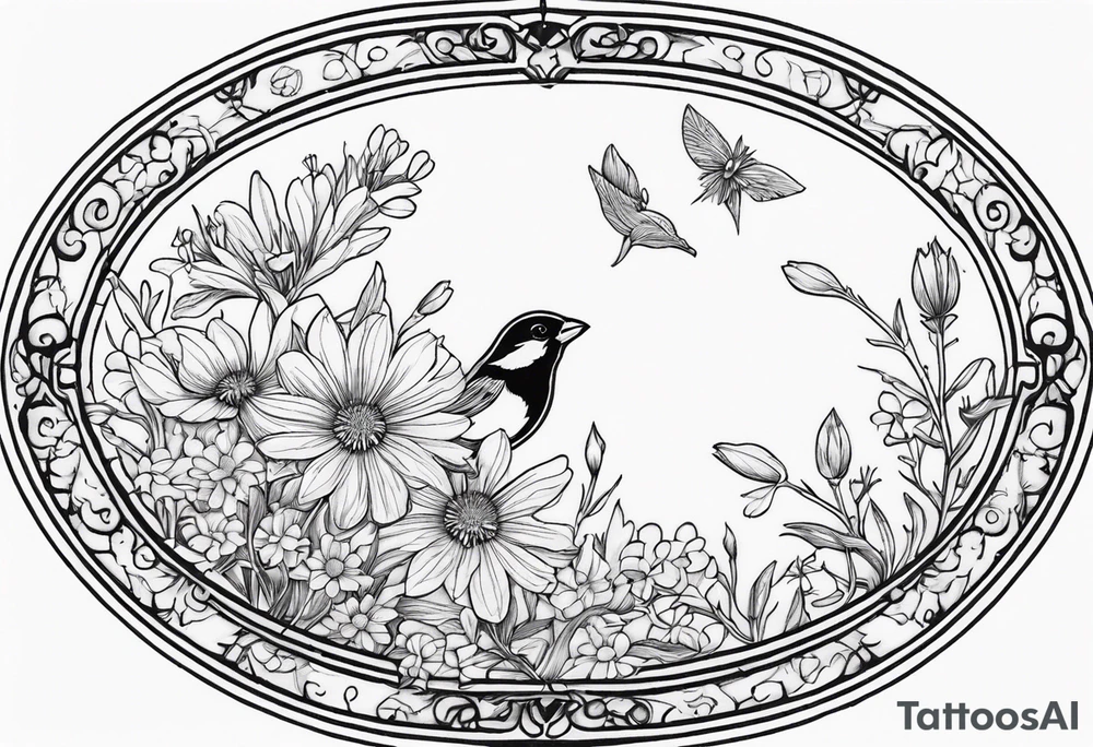 Oval shape with sea rocket and aster flowers with a small cardinal room in the center for a signature less ornate make the cardinal smaller and leave the center empty smaller cardinal and put it on the flowers tattoo idea