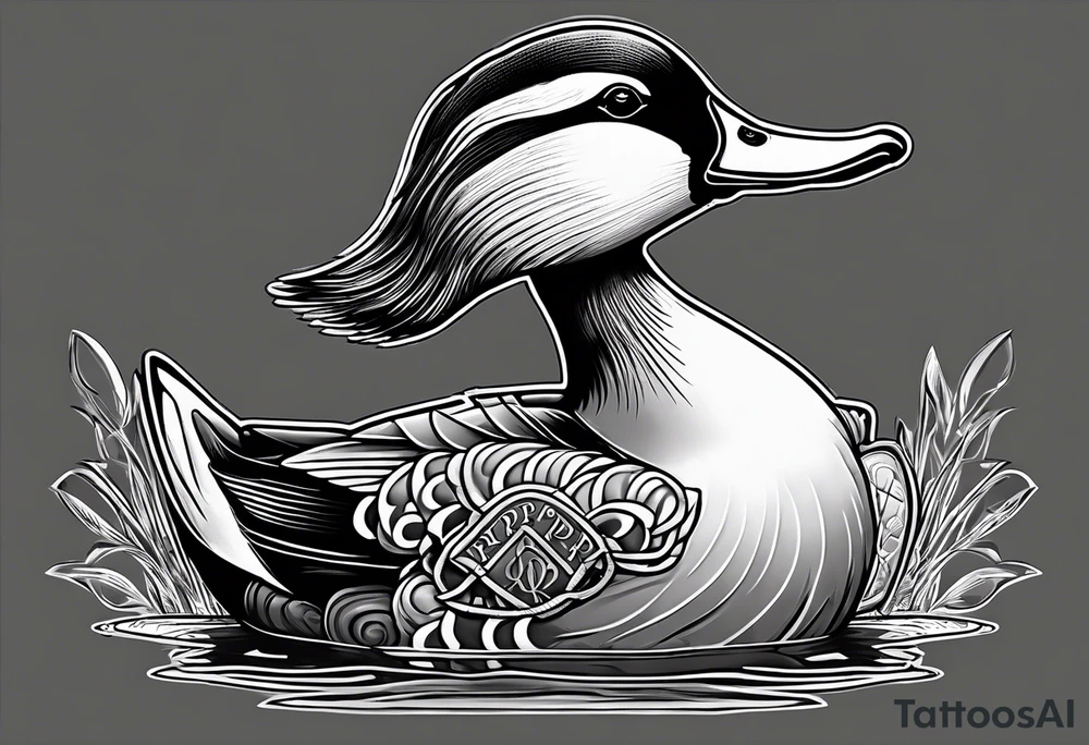 Hunting decoy Duck wearing a jacket that says "XRP" on the side. tattoo idea