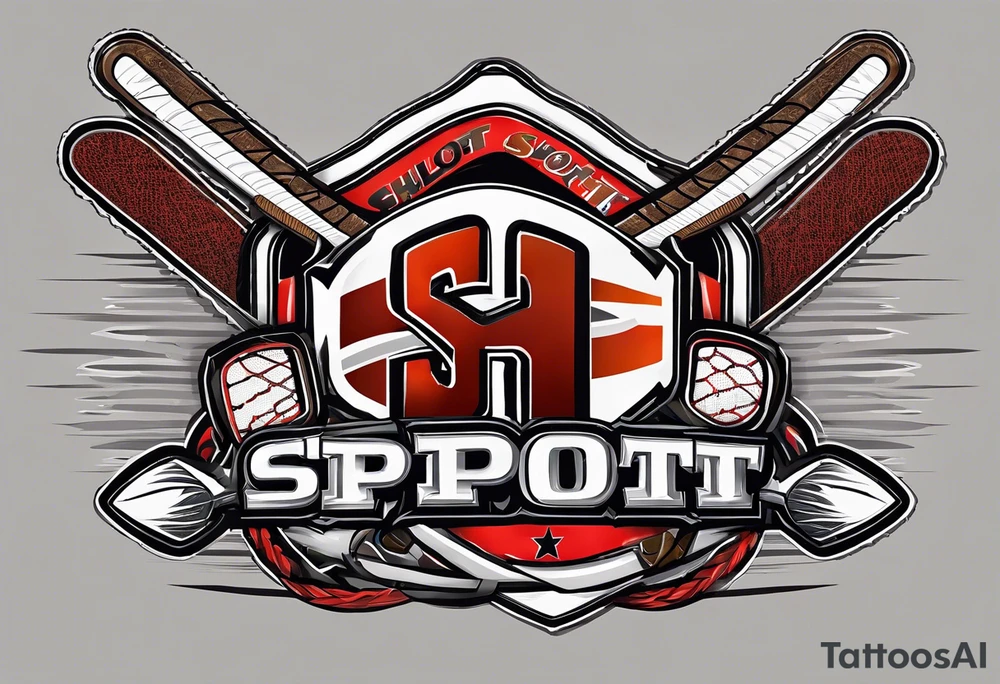 crossed hockey sticks with sports equipment that says "SHOT SPORTS" tattoo idea