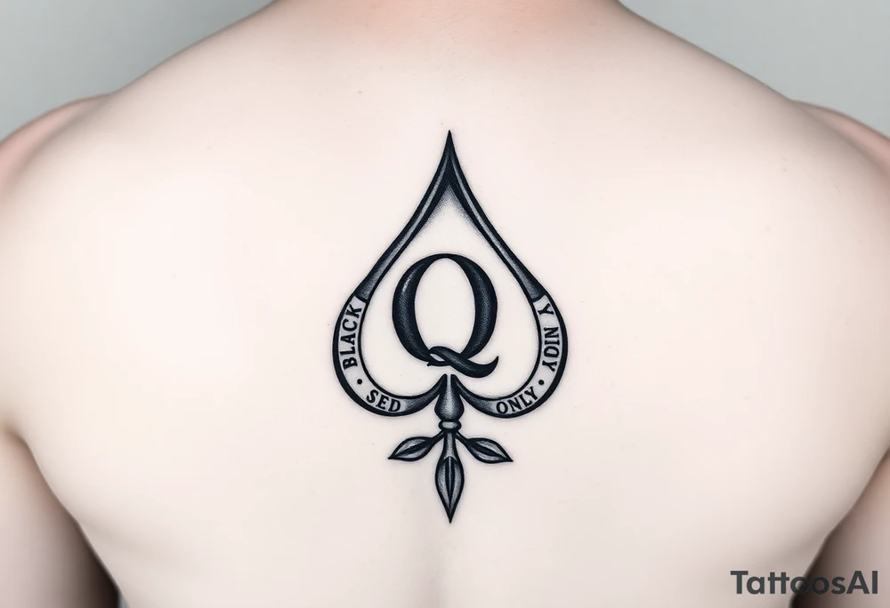 A spade womb tattoo with a Q in the center, with three points around the outside. The first reading, "BLACK". The second reading, "SEED". The third reading, "ONLY". A tail at the bottom of the spade. tattoo idea