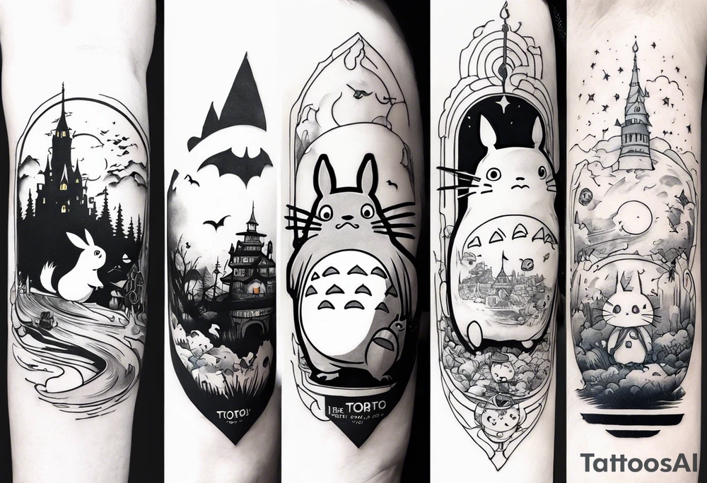 Sleeve, images from the cartoons the walking castle and gone with the ghosts, and totoro tattoo idea