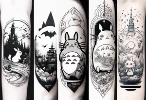 Sleeve, images from the cartoons the walking castle and gone with the ghosts, and totoro tattoo idea
