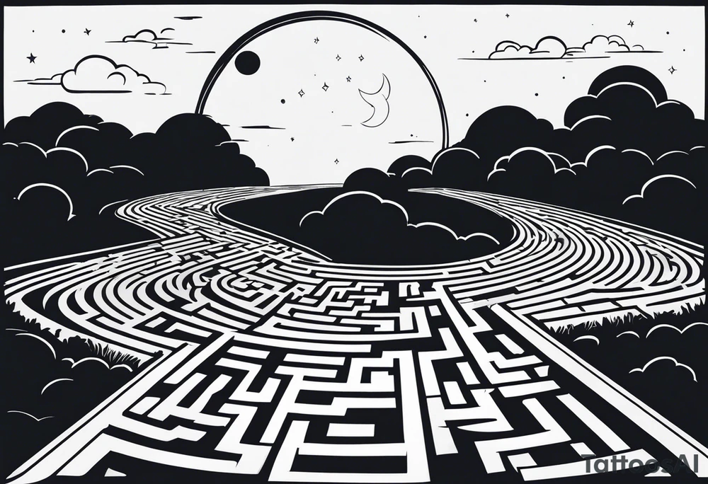 Maze with a train track in the middle. Sky cracking with moon of time tattoo idea