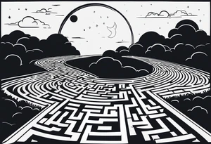 Maze with a train track in the middle. Sky cracking with moon of time tattoo idea