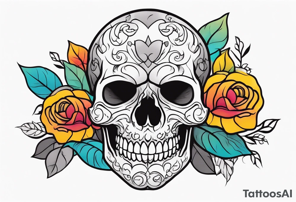 Gray skull smiling on bed of colorful roses tattoo idea