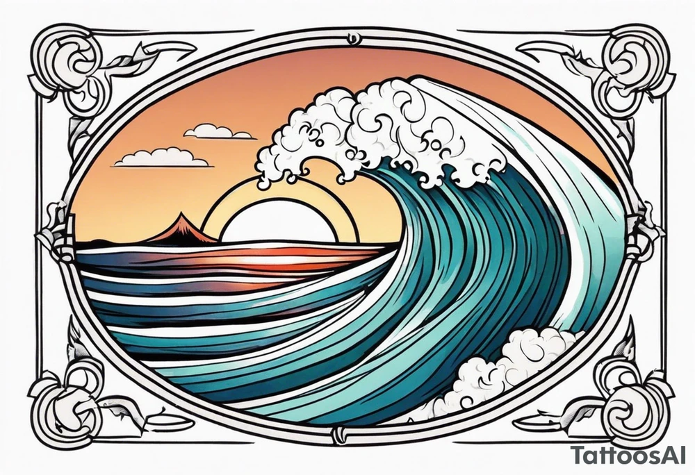 american traditional waves wide oval tattoo idea