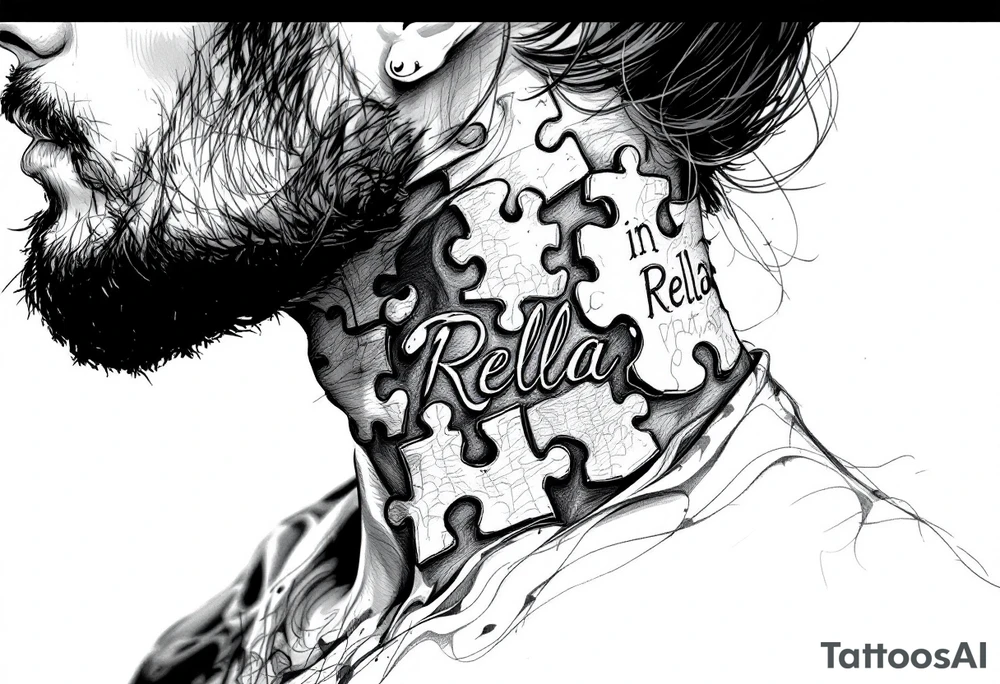 side of the neck puzzle piece tattoo where one of the pieces says Rella tattoo idea