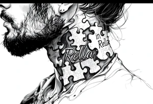 side of the neck puzzle piece tattoo where one of the pieces says Rella tattoo idea