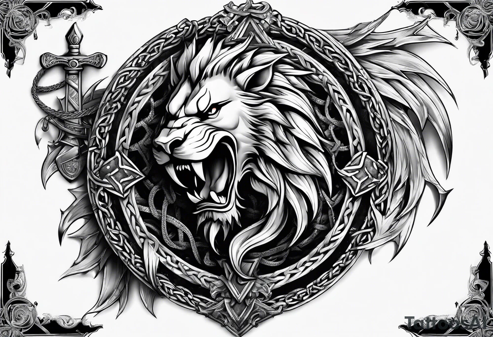 Valhalla sword shield dragon axe Valknut barbed wire chains lion tattoo idea