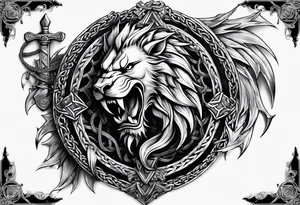 Valhalla sword shield dragon axe Valknut barbed wire chains lion tattoo idea