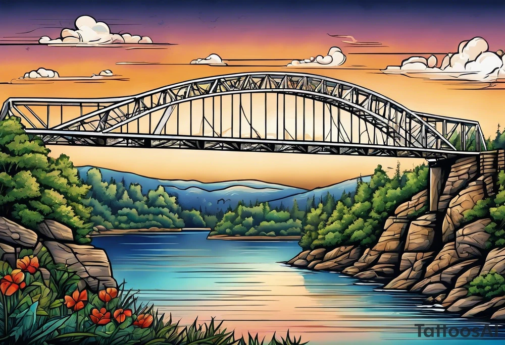 steel truss cantilever bridge over river, tattoo idea