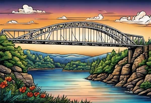 steel truss cantilever bridge over river, tattoo idea