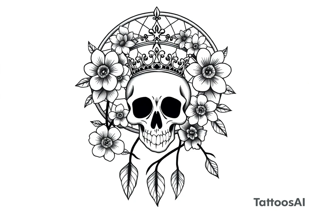 Mandala dream catcher with detailed beautiful gothic boho flowers on vine and skull with gorgeous crown tattoo idea