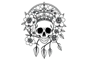 Mandala dream catcher with detailed beautiful gothic boho flowers on vine and skull with gorgeous crown tattoo idea