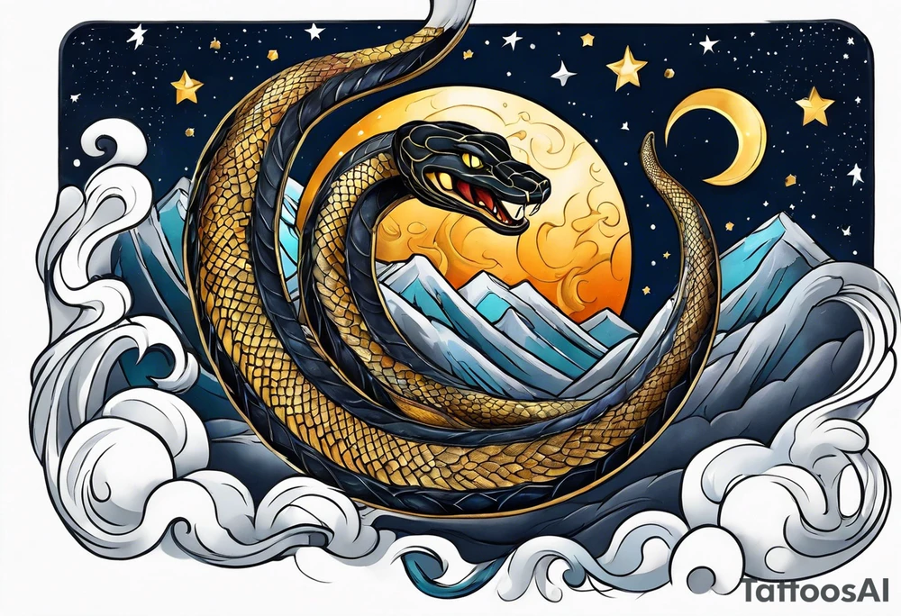 A snake wraps the moon in the night sky tattoo idea