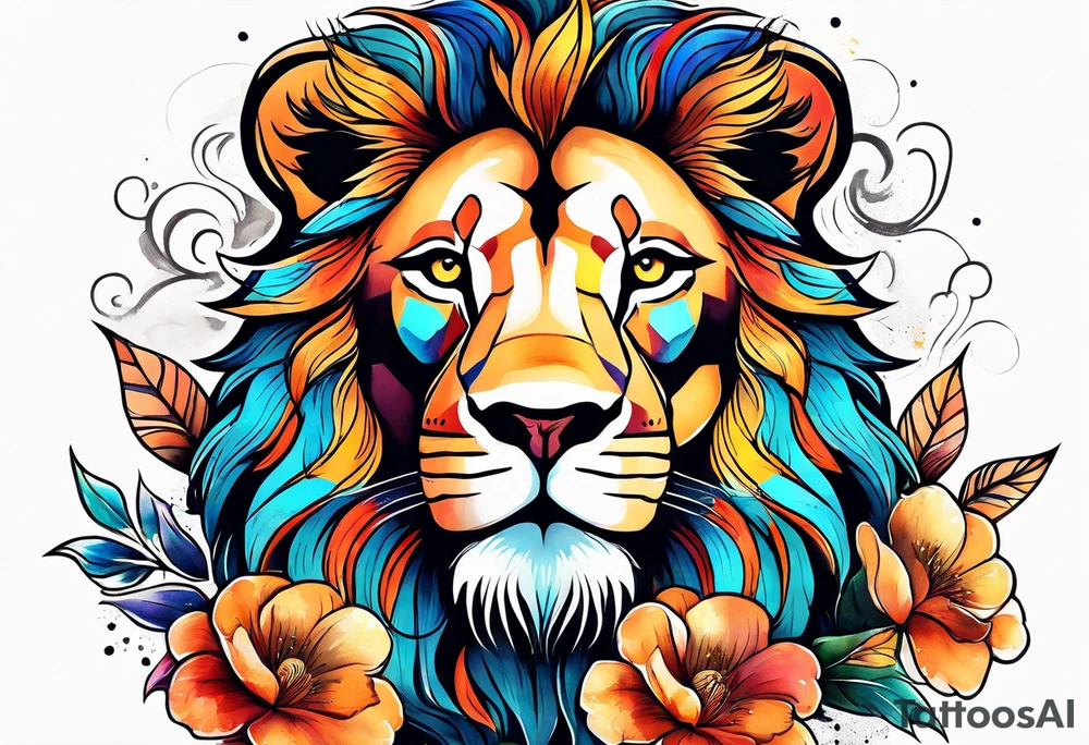 Lion with flowers and a crescent moon on forehead tattoo idea