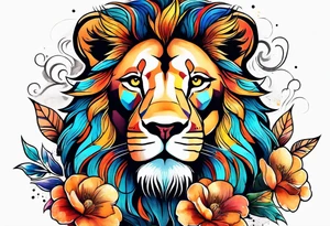 Lion with flowers and a crescent moon on forehead tattoo idea