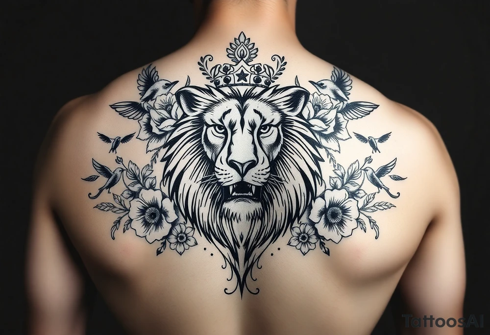 powerful majestic lion with a crown, surrounded by floral ornaments and birds tattoo idea