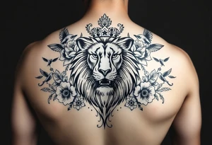 powerful majestic lion with a crown, surrounded by floral ornaments and birds tattoo idea