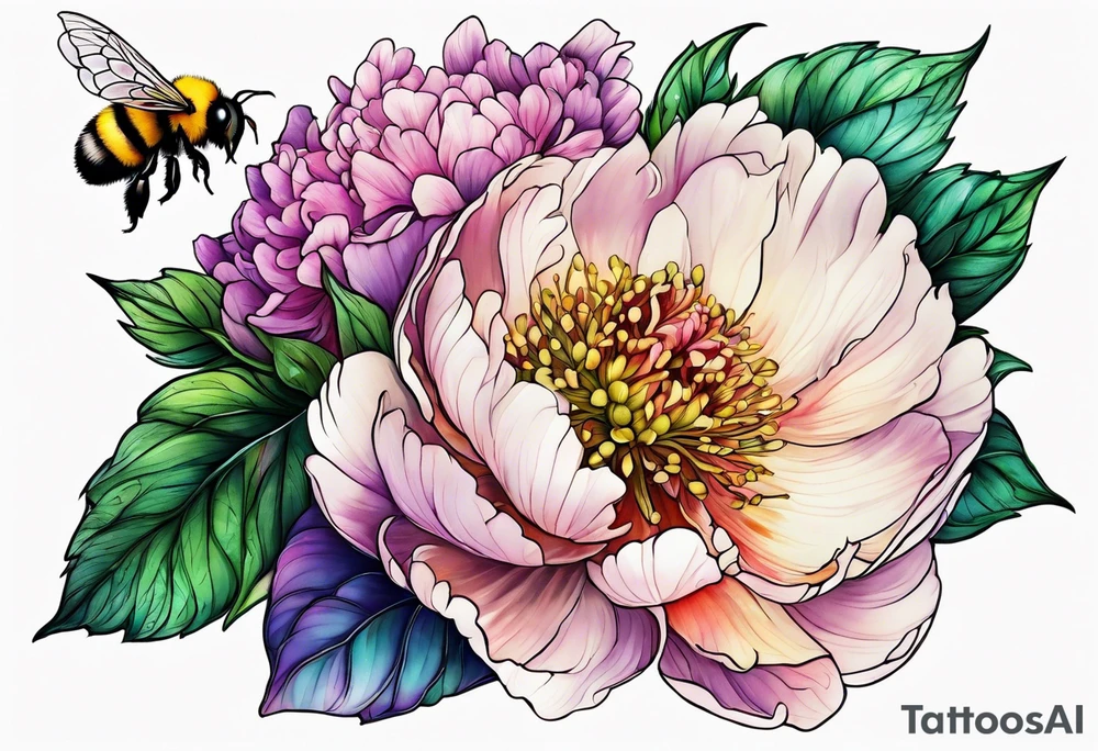 Vibrant peony with hydrangea and leaves and a bumblebee lilac flowers tattoo idea
