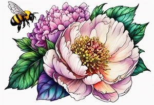 Vibrant peony with hydrangea and leaves and a bumblebee lilac flowers tattoo idea