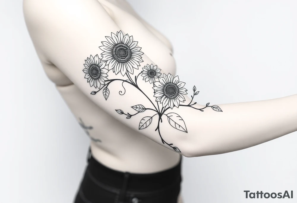 Bohemian, hippie sunflowers/mandalas growing along a swirly vine tattoo idea